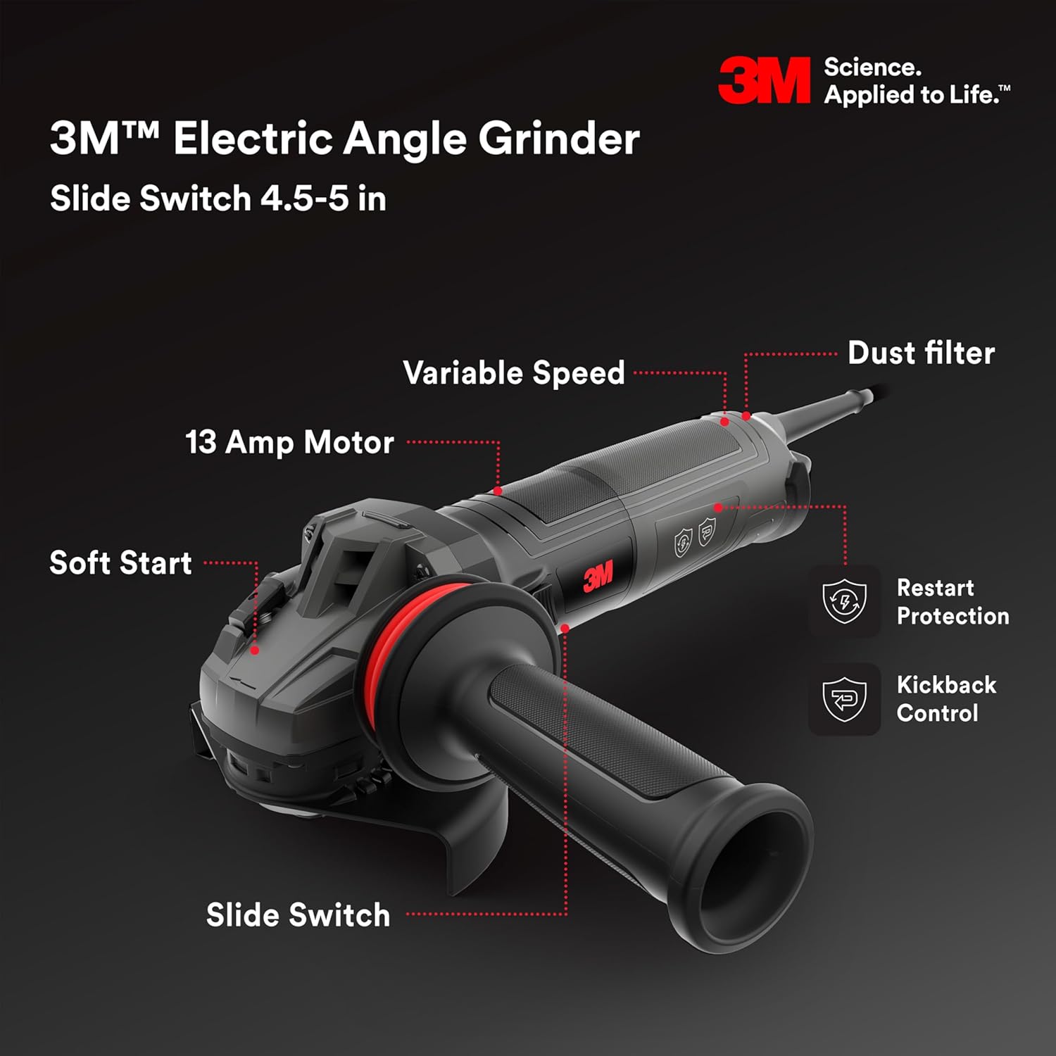 3M Electric Angle Grinder, 11130, VS, 4.5-5 in Slide Switch, 13-Amp, 120V, for Cutting, Grinding, Polishing and Rust Removal,1 EA