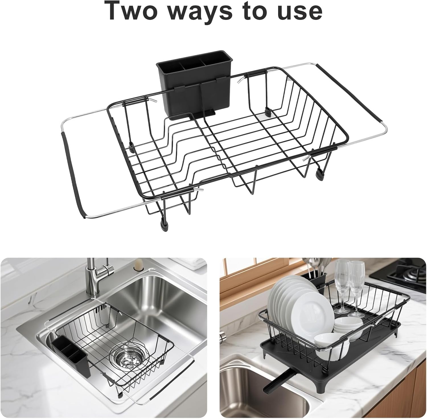 Dish Drying Rack - Expandable Dish Rack for Kitchen Counter, Dish Drainer for Kitchen Counter with Cutlery Holder, Drying Rack Fit for 14’’-21’’ Kitchen Sink