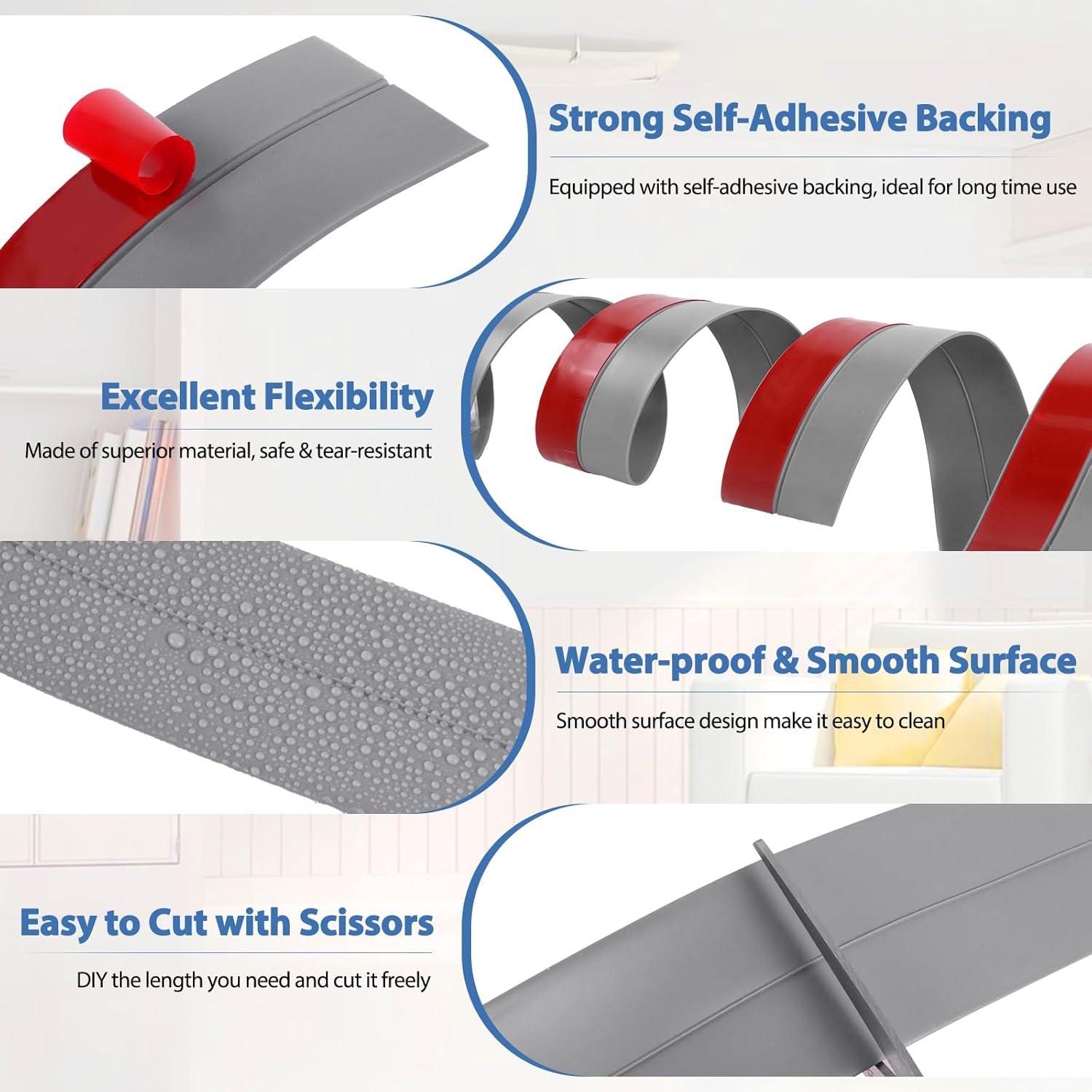 Weather Stripping Door Draft Stopper Flexible Self Adhesive Silicone Door Seal Strip for Glass Doors Windows and Shower Glass Gaps, 2 Inch Wide X 10 Feet Long, Gray