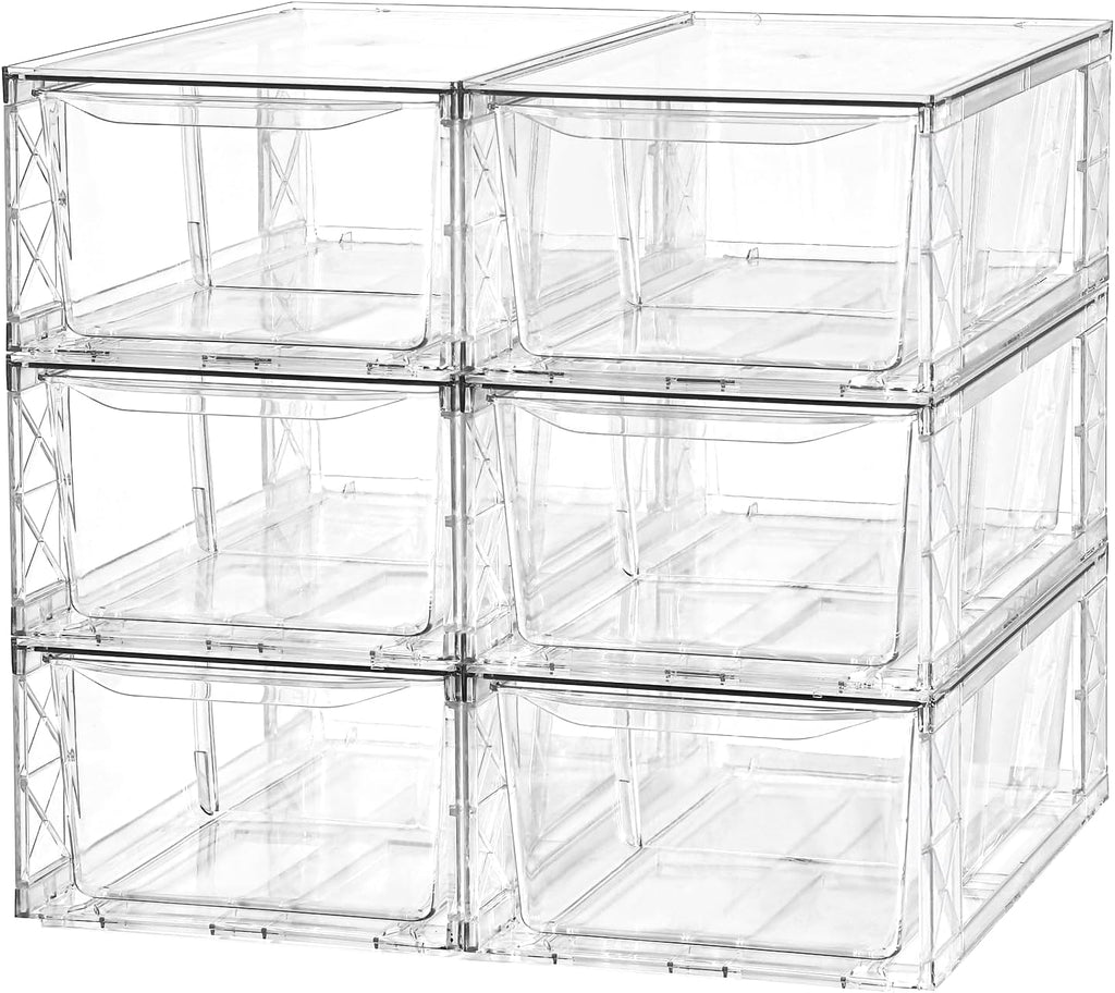 Plastic Drawers Storage, 6Pack Clear Stackable Storage Drawers, Acrylic Storage Bins with Drawers for Fridge Organizers, PlasticDrawers Stackable for Makeup Organizers Cosmetic Display, Medium