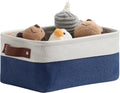DULLEMELO Small Storage Bin,Small Fabric Rectangular Storage Basket for Shelves,Collapsible Bin for Toy and Clothes Storage (White&Blue,1 Pack)