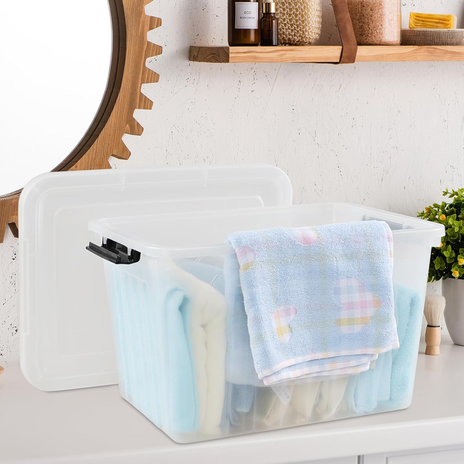 Bringer 4-Pack Clear Plastic Latching Storage Box, 18 L Storage Bin with Handle