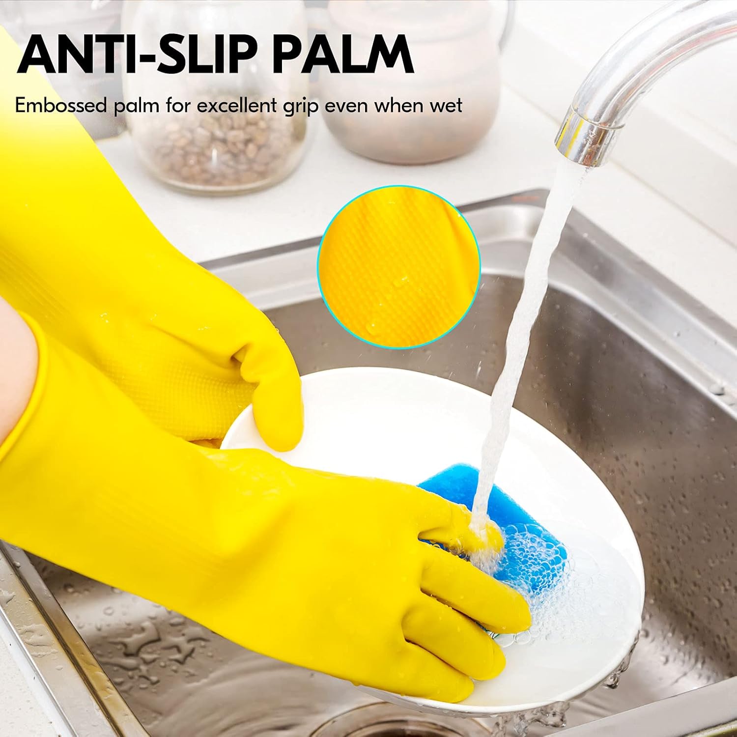 Vgo... 1-Pair Reusable Household Gloves, Rubber Dishwashing gloves, Extra Thickness, Long Sleeves, Kitchen Cleaning, Working, Painting, Gardening, Pet Care (Size S, Yellow, HH4601)