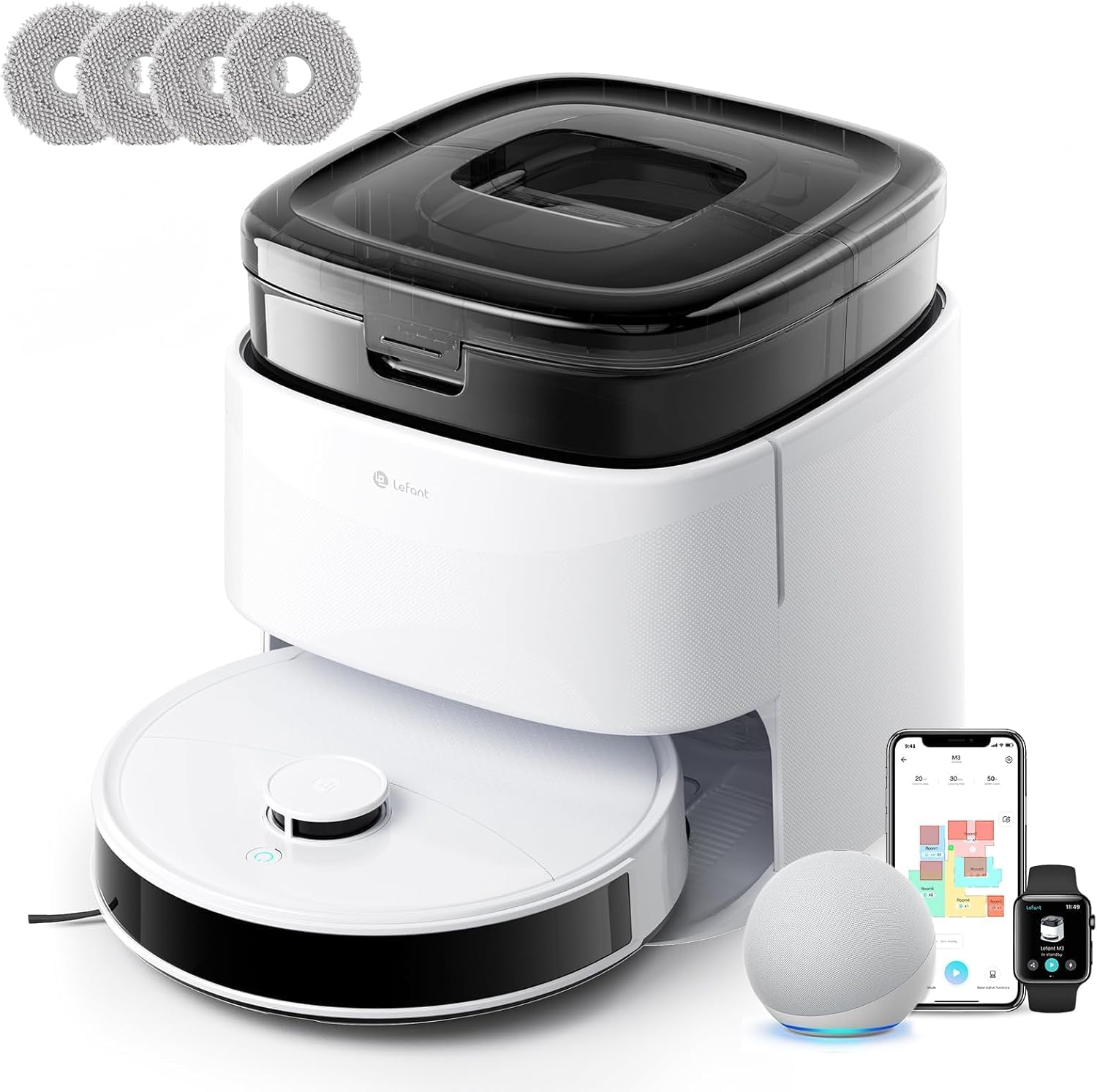 Lefant Robot Vacuum, M3 Robot Vacuum and Mop, 10000Pa Suction, Anti-Tangle Brushes, Dual Spinning Mop, Auto Mop Washing, Cool Drying, Self-Emptying, Self-Cleaning, All-in-One Dock, for Pet Hair Dust