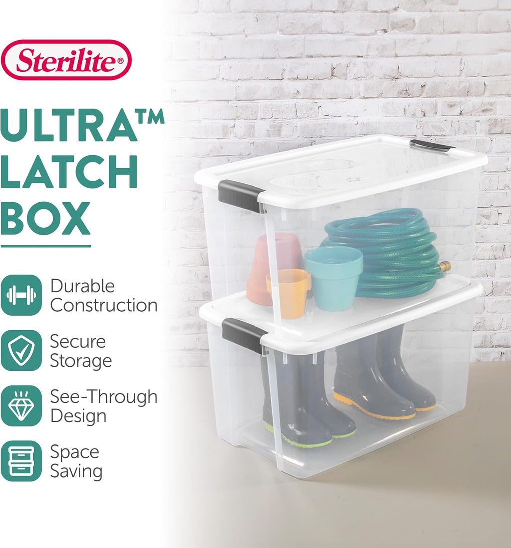Sterilite 4 Pack Ultra Latching Box, Storage Bins with Lids, Clear Plastic, 70 Quart - Heavy-Duty Organizing Containers for Closet, Bathroom, and Office