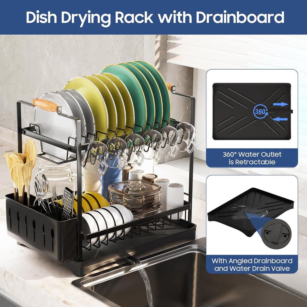2-Tier Large Dish Drying Rack for Kitchen Counter with Drainboard and Cutlery Holder, 2 Tier Dish Drying Rack, Black,16.54" D x 11.81" W x 17.71" H