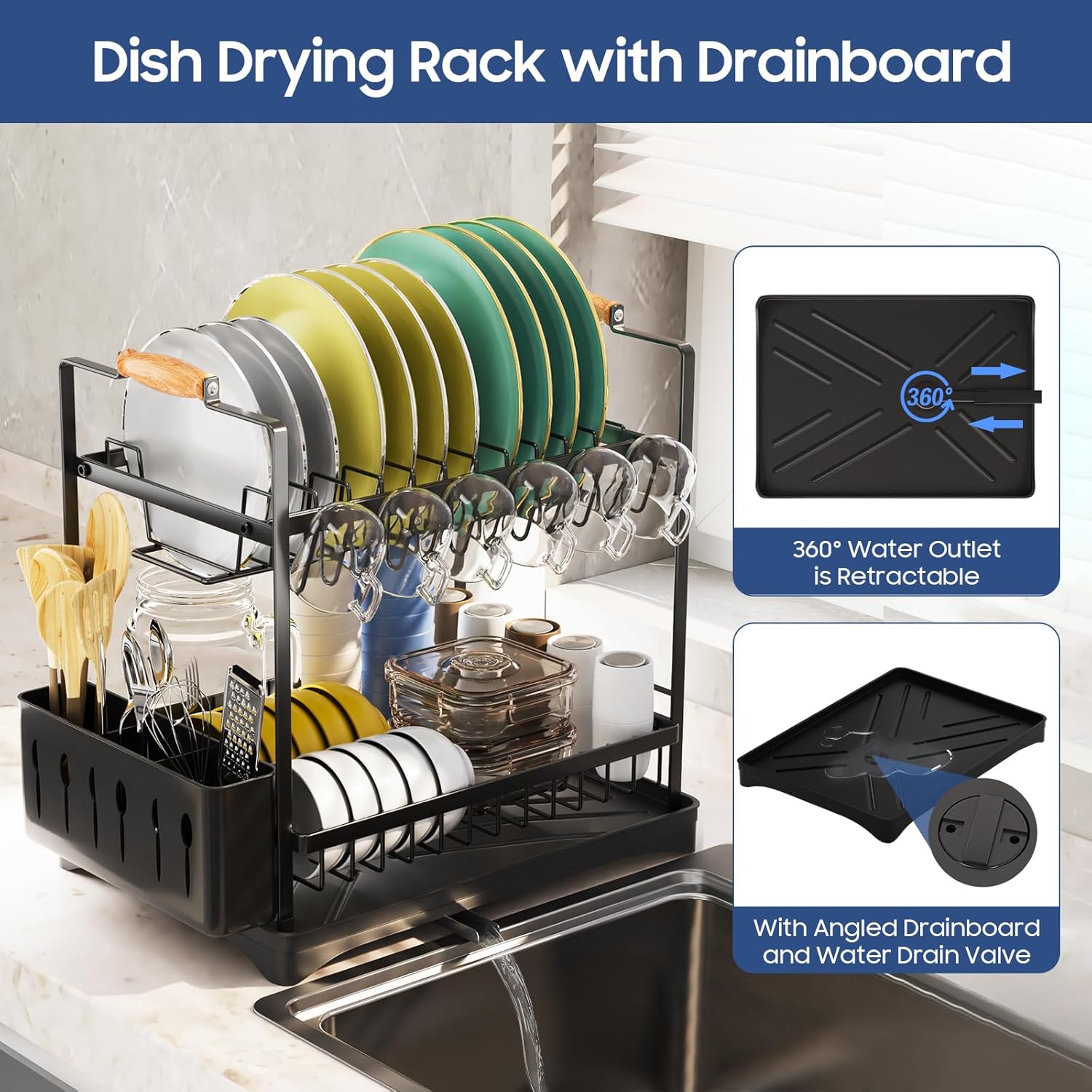 2-Tier Large Dish Drying Rack for Kitchen Counter with Drainboard and Cutlery Holder, 2 Tier Dish Drying Rack, Black,16.54" D x 11.81" W x 17.71" H