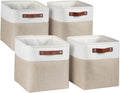 Univivi 4 PC Foldable Storage Baskets,10.5 inch Fabric Storage Bins for Shelf with Hard Bottom,Storage Baskets with PU Handles Cube Storage Bins for Closet Organizing (Khaki)