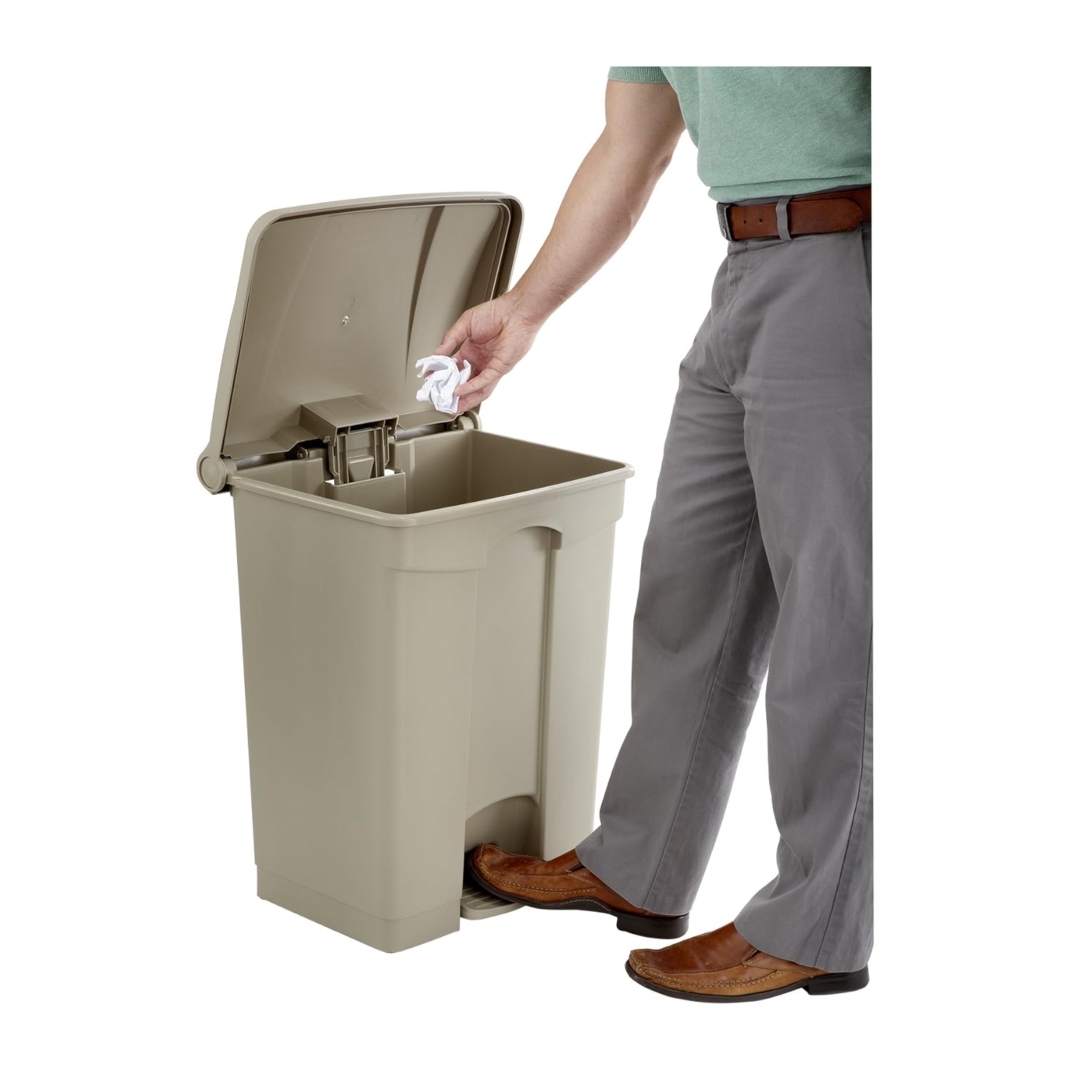 Safco Step On Plastic Trash Can with Foot Pedal, 17 Gallon Garbage Can for Kitchen, Indoor or Outdoor Use, Hands Free, Tan