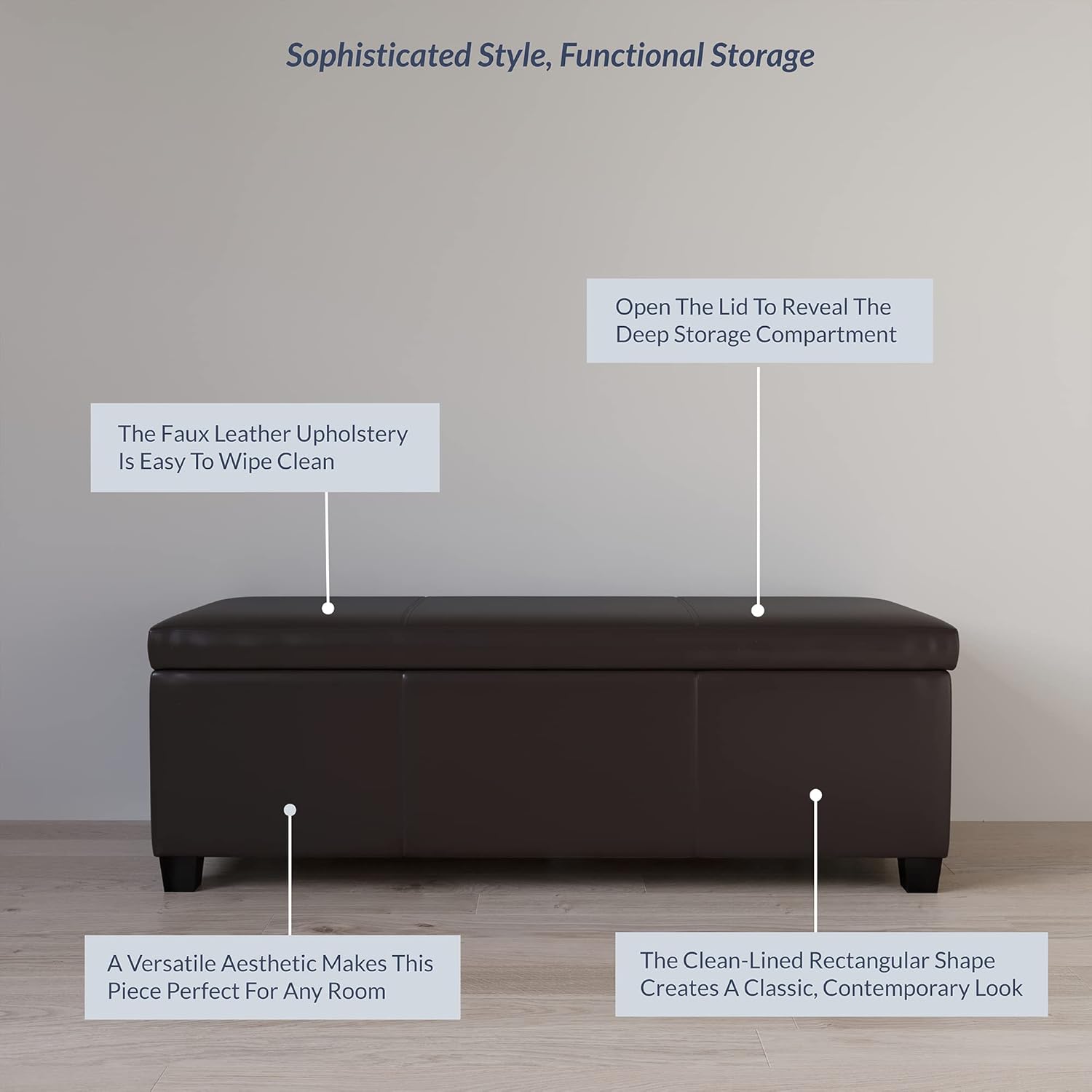 BELLEZE Storage Faux Leather Ottoman, 47 Inch Bench Bedroom Bench with Safety Close Hinge, Extra Long Ottoman with Storage for Living Room, Entryway, Hallway, Foot Rest, Support 300lbs - Brown