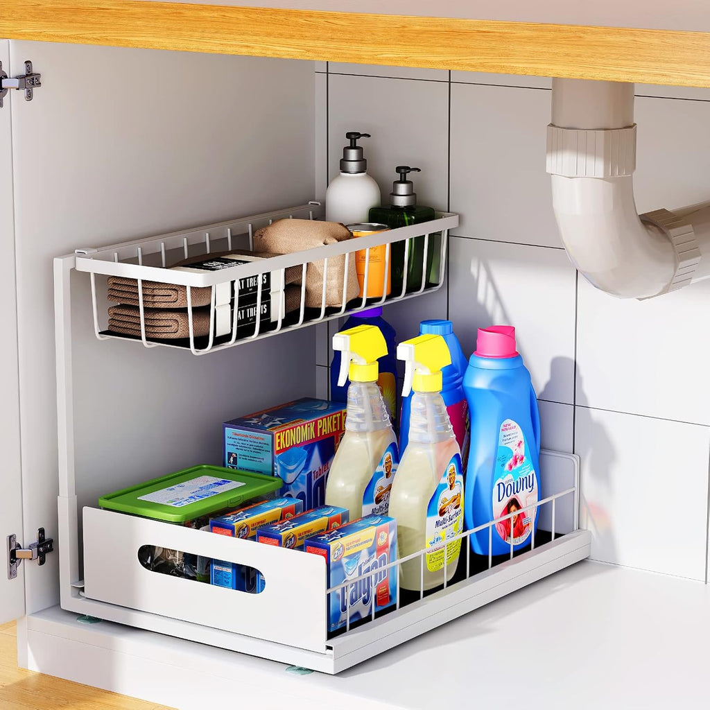 Under Sink Organizer, 2 Tier Under Sink Organizers and Storage Multi-Purpose Under Sink Storage for Bathroom Kitchen (White)