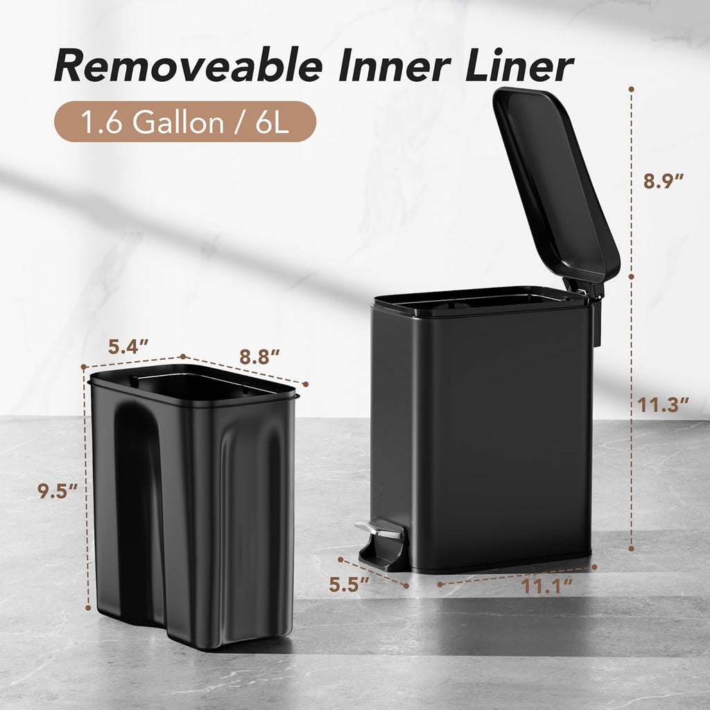 Small Trash Can with Lid Soft-Close, 6 L/1.6 Gal Bathroom Garbage Can with Removable Inner Bucket, Step Pedal, Stainless Steel Wastebasket for Kitchen, Bathroom, Bedroom, Office, Matt Black