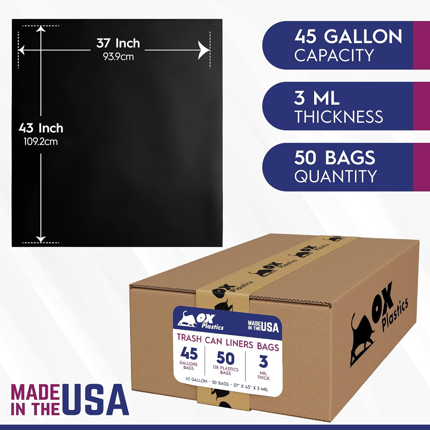 OX Plastics Black Trash Bags - Heavy Duty Garbage Bags, Extra Thick Unscented Large Trash Can Liners for Home, Outdoor, and Commercial Use - 42 Gallon, 50 Count