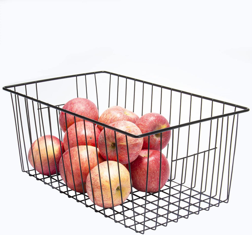 16" L x 12" W Wider Freezer Storage Organizer Baskets Container, Deep Metal Wire Chest Upright Refrigerator Divider Bins with Built-in Handles for Cabinet, Pantry, Kitchen, Black