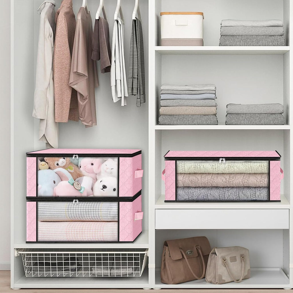 HomeHacks Storage 3-Pack Clothes Organizer Storage Bags Foldable Storage Box with Large Clear Window Sturdy Handles for Closet, Dorm, Pillows, Bedding, Clothes, Blankets, 35L, Pink