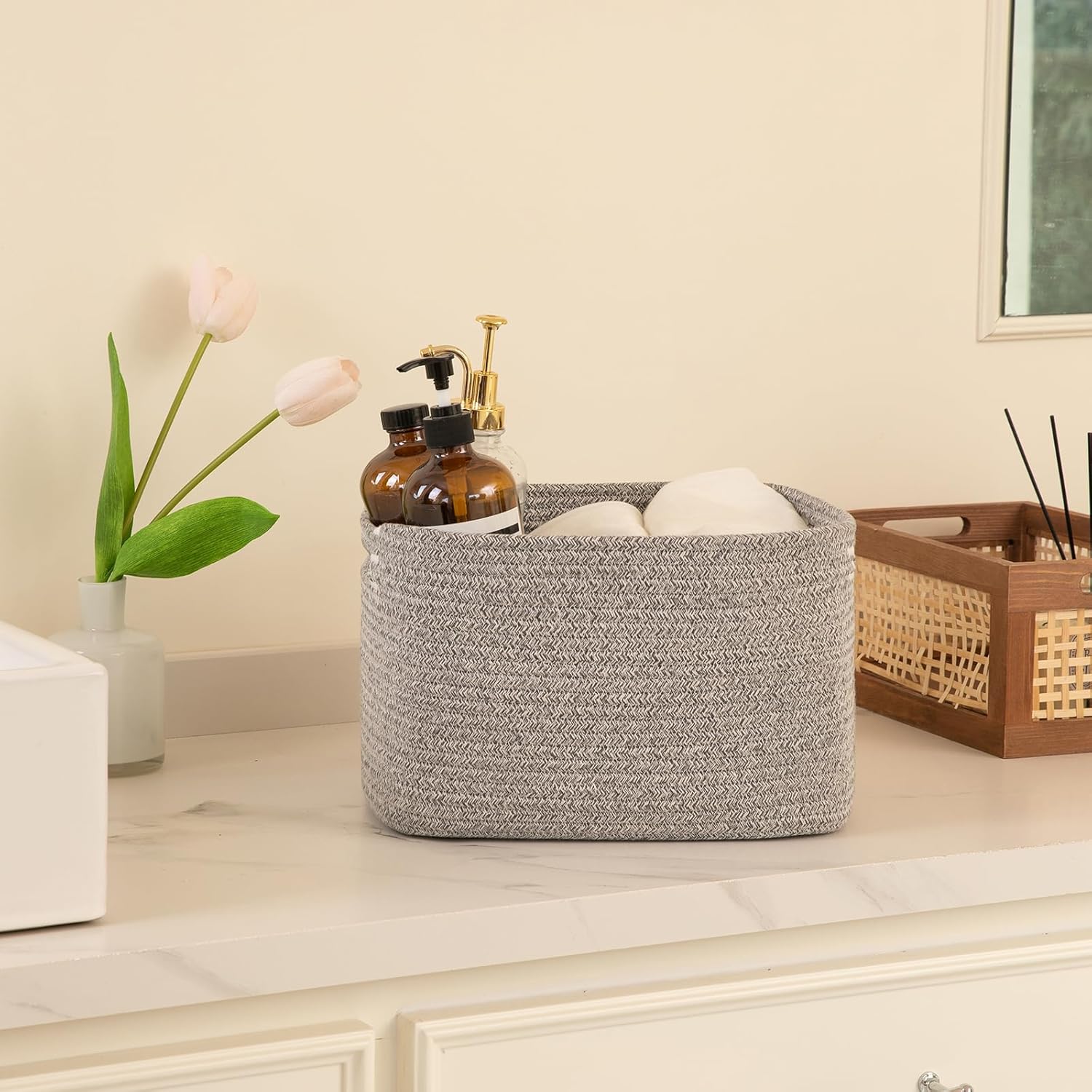 OIAHOMY 4 Pack Storage Baskets for Organizing, Cube Storage Bins for Shelves, Rectangle Storage Baskets With Handles, Woven Baskets for Storage, 12.7''Lx9''Wx7.8''H, Grey