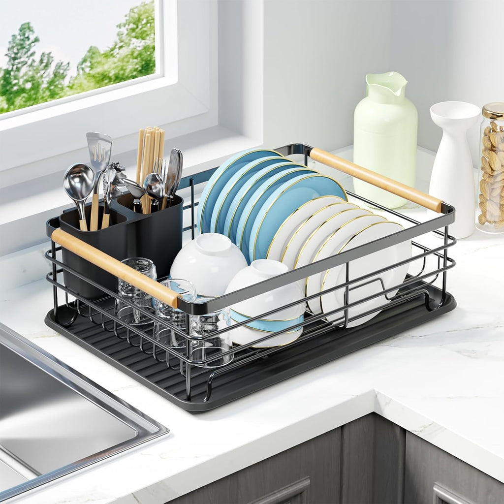 Dish Racks for Kitchen Counter: Wooden Handles, Thickened Metal, No Assembly. Small Dish Drying Rack: Ideal for Small Households. Drying Rack Kitchen: Black