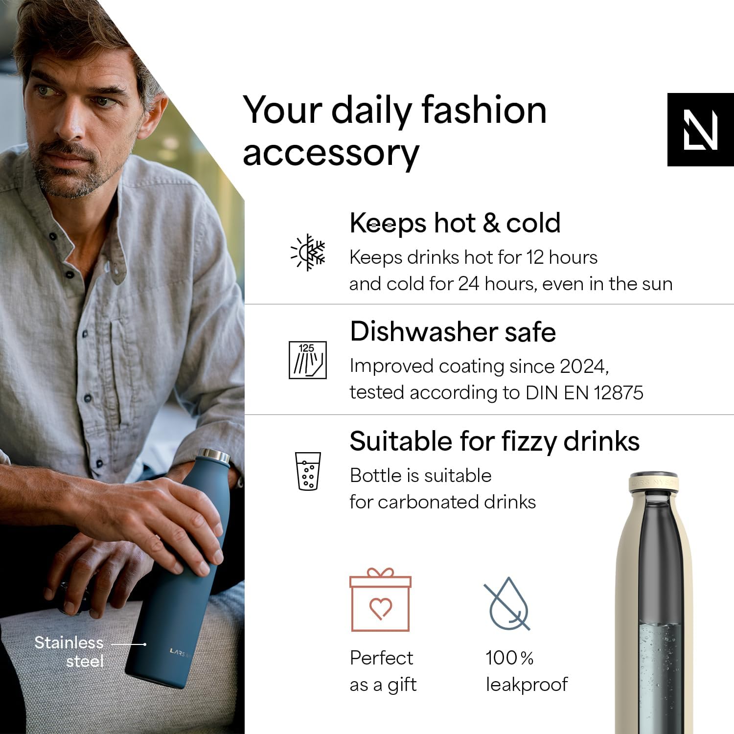 LARS NYSØM Stainless Steel Insulated Water Bottle 12oz 17oz 25oz 34oz 51oz | Insulated Thermo Flask for Hot and Cold Beverages | Leakproof Drinking Bottle (Almond Beige, 33.9oz)