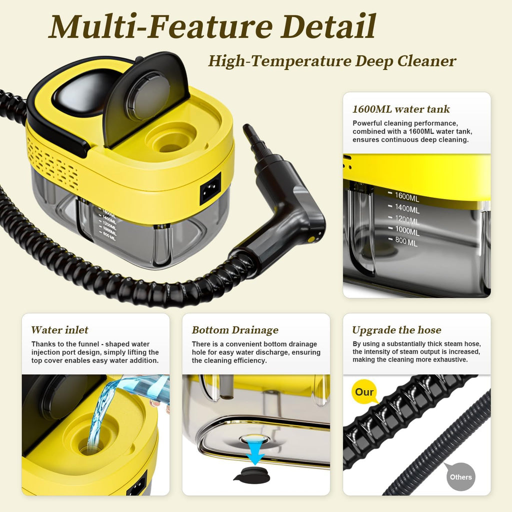 Steam Cleaner,15s Heat-Up,1.6L Tank,3-Level Adjustable Handle,2500W Steamer for Cleaning,Portable Steamer for Cleaning with 16PCS Accessories,Steam Cleaner for Home,Grout,Tile,Couch,Car,Dirt,Grease