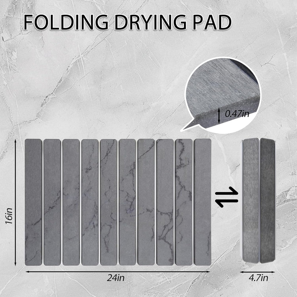 Stone Drying Mat for Kitchen Counter 24"×16" ,Large Dish Drying Mat with Drainage Grooves, Non-Slip Silicone Drying Mat, Absorbent Counter Protector for Dishes, Utensils