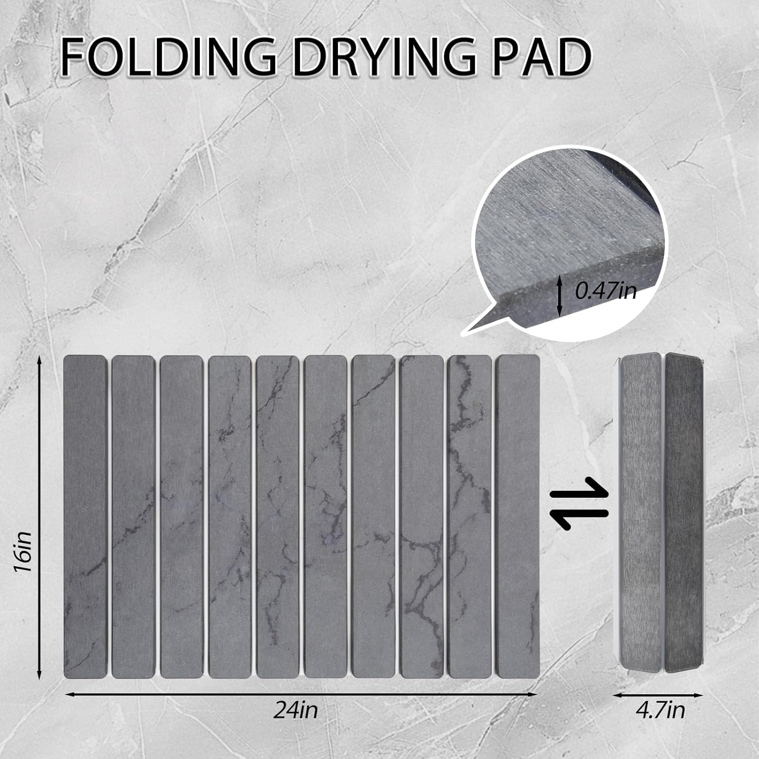 Stone Drying Mat for Kitchen Counter 24"×16" ,Large Dish Drying Mat with Drainage Grooves, Non-Slip Silicone Drying Mat, Absorbent Counter Protector for Dishes, Utensils