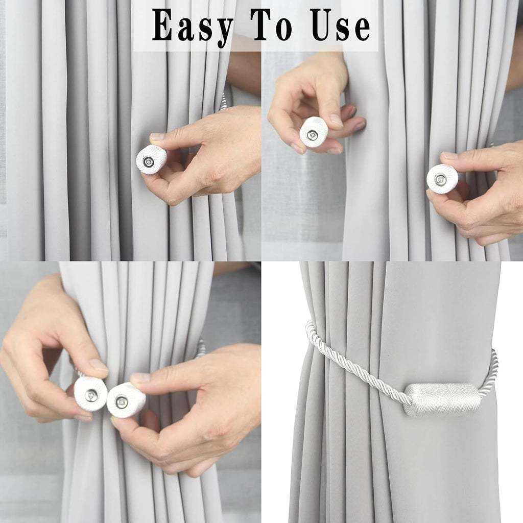 4 Pack White Strong Magnetic Curtain Tiebacks Outdoor Elegant Decorative Tie Backs Modern Rope Tiebacks for Drapes Window Curtain Holdbacks for Draperies