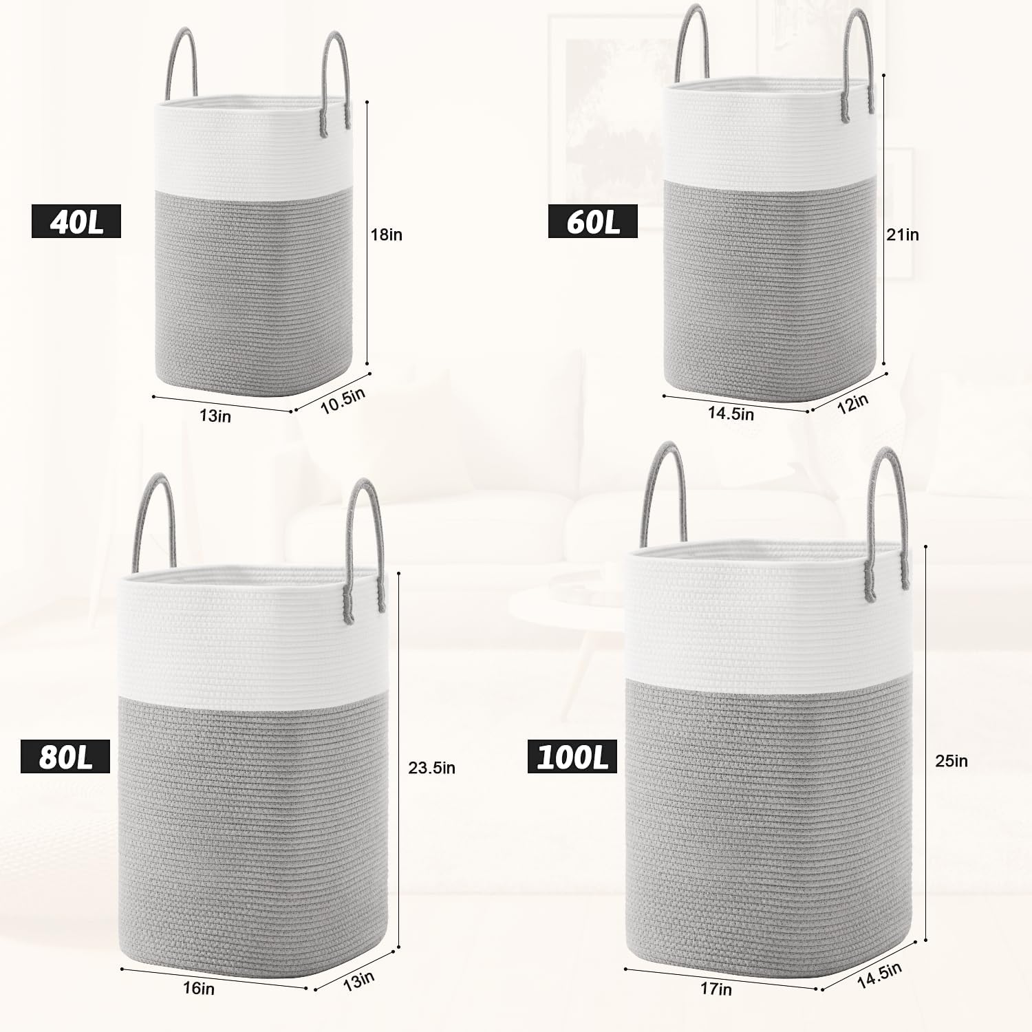 Laundry Basket,Woven Cotton Rope Laundry Hamper,Versatile Storage for Dirty Clothes,Baby Toys,and Blankets in Bathroom, Nursery,and Living Room (Grey, 60L)