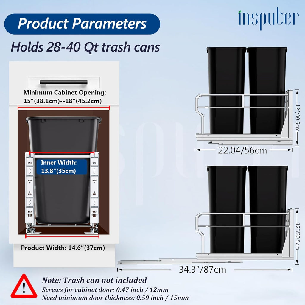 Insputer Dual Pull Out Trash Can Under Cabinet with Soft-Close Slides, Heavy Duty Under Sink Trash Can Kit for Kitchen Sink, Laundry, Garbage Can Not Included, Requires 17" W X 24" D Cabinets