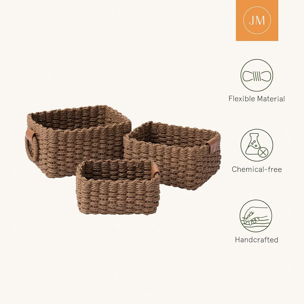 LA JOLIE MUSE Woven Storage Baskets, Recycled Paper Rope Bin Organizer Divider for Cupboards Drawer Closet Shelf Dresser, Set of 3 (Brown)