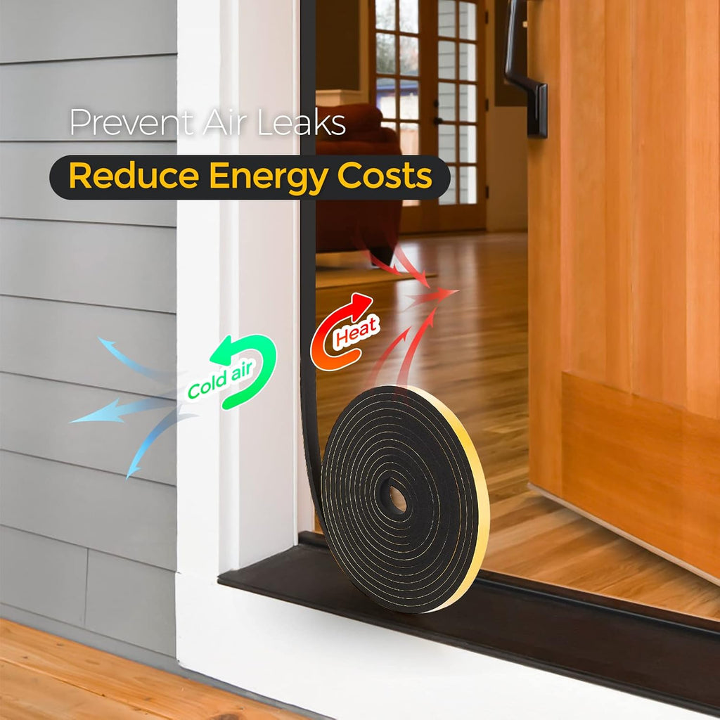 13 Feet Weather Stripping Door Seal, 1" Wide X 3/8" Thick Door Seal Strip High Density Foam Tape Adhesive Strip for Door Soundproofing,Window Insulation (1" x 3/8" x 13FT,Black)