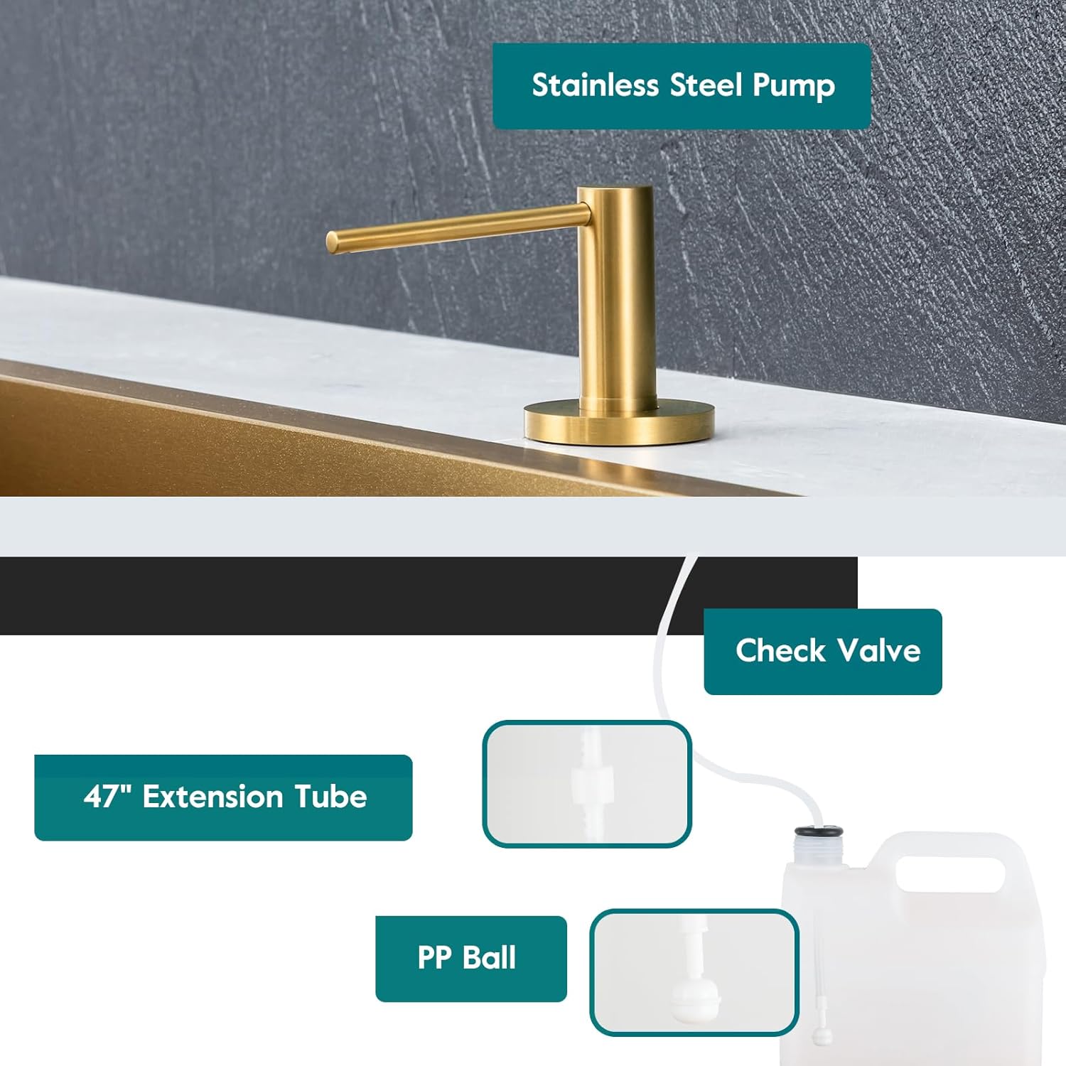 Gappo Soap Dispenser for Kitchen Sink Champagne Gold, Stainless Steel Countertop Pump, Built in Sink Soap Dispenser with 47" Extension Tube kit