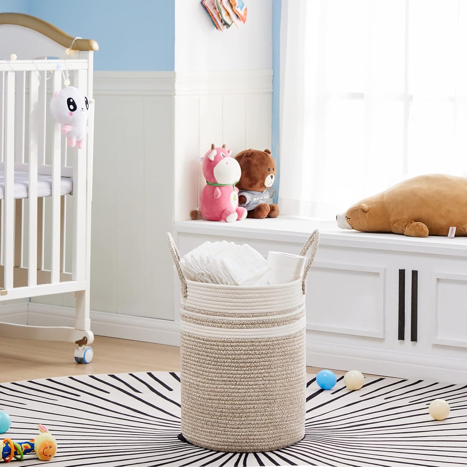 VIPOSCO Tall Laundry Hamper, Woven Rope Storage Basket for Blanket, Toys, Dirty Clothes in Living Room, Bathroom, Bedroom - 30L Brown & White