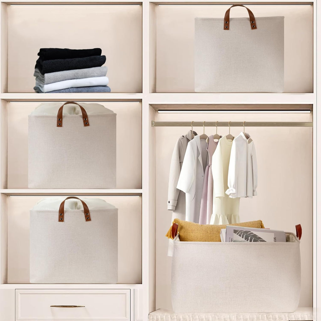 DULLEMELO Large Beige Storage Basket 70L Oversized Canvas Fabric Storage Bin, Collapsible Rectangular Toys Basket Organizer with Handles, 22X15 Storage Container for Clothes, Blankets, Pillows