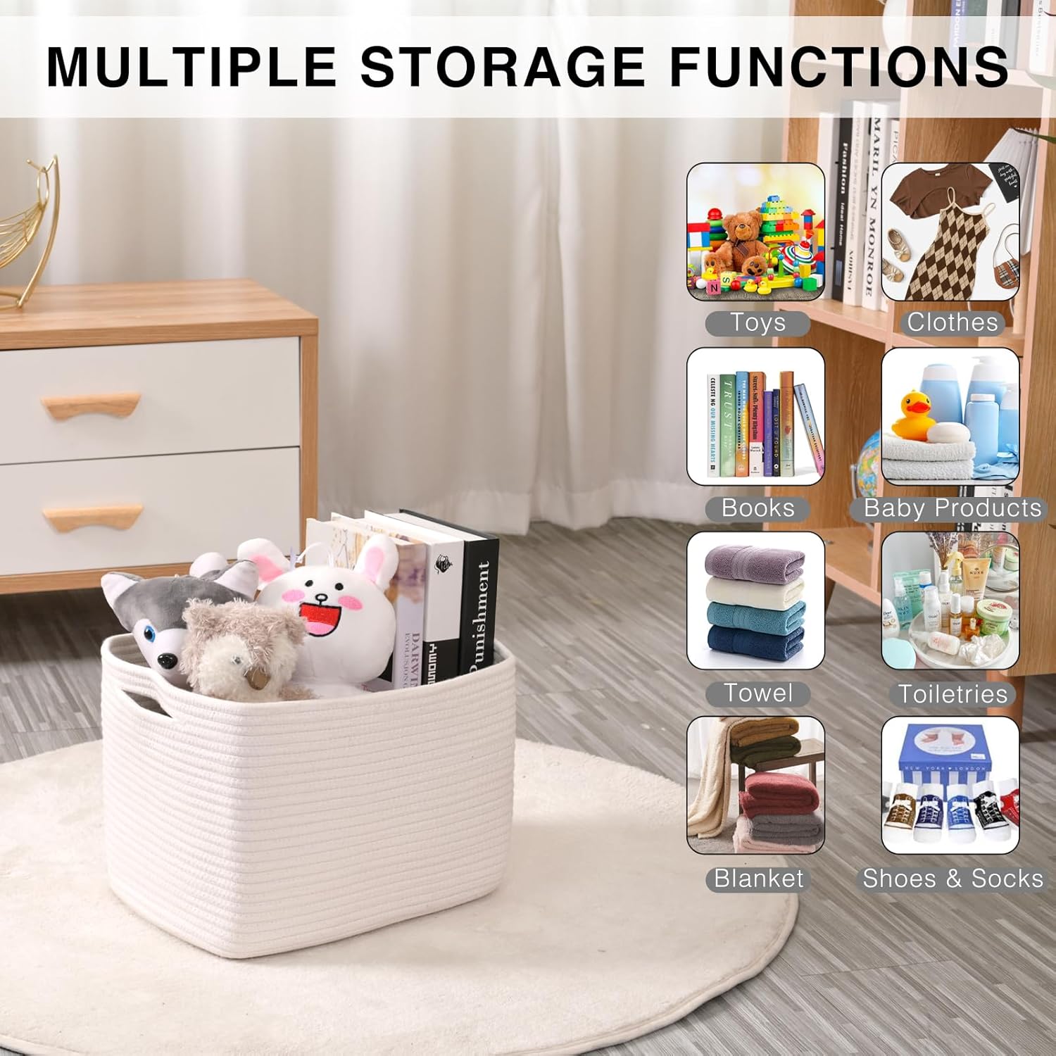Storage Baskets for Organizing Shelves, Woven Cotton Rope Bins for Baby Nursery Organization, Book Toy Towel Organizer, 15"x11"x9.5", 3 Packs, Off White