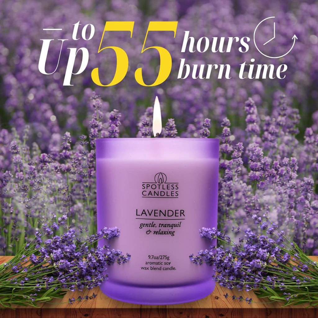 Lavender Candle - 9.7 oz /275g Lavender Scented Candle in Purple Glass Jar with Wooden Lid and Wooden Crackling Wick in a Luxurious Gift Box - Gentle, Tranquil and Relaxing