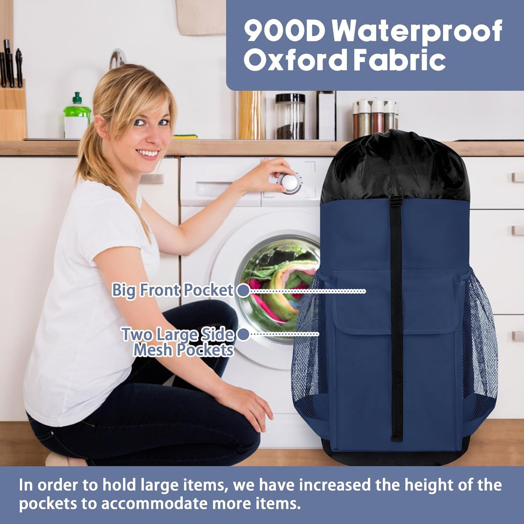 Laundry Backpack Bag, 132L Extra Large Heavy Duty Laundry Backpack for College Dorm Essentials, Laundry Hamper Travel Bag with Shoulder Straps and Mesh Wash Bags for Laundromat, Apartment Blue