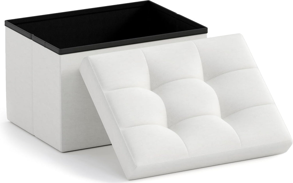Ornavo Home Small Storage Ottoman Foldable Collapsible Rectangle Linen Ottoman Foot Rest Stool Seat, for Living Room, Bedroom, Home Office, Dorm - 12 x 16 x 12, White