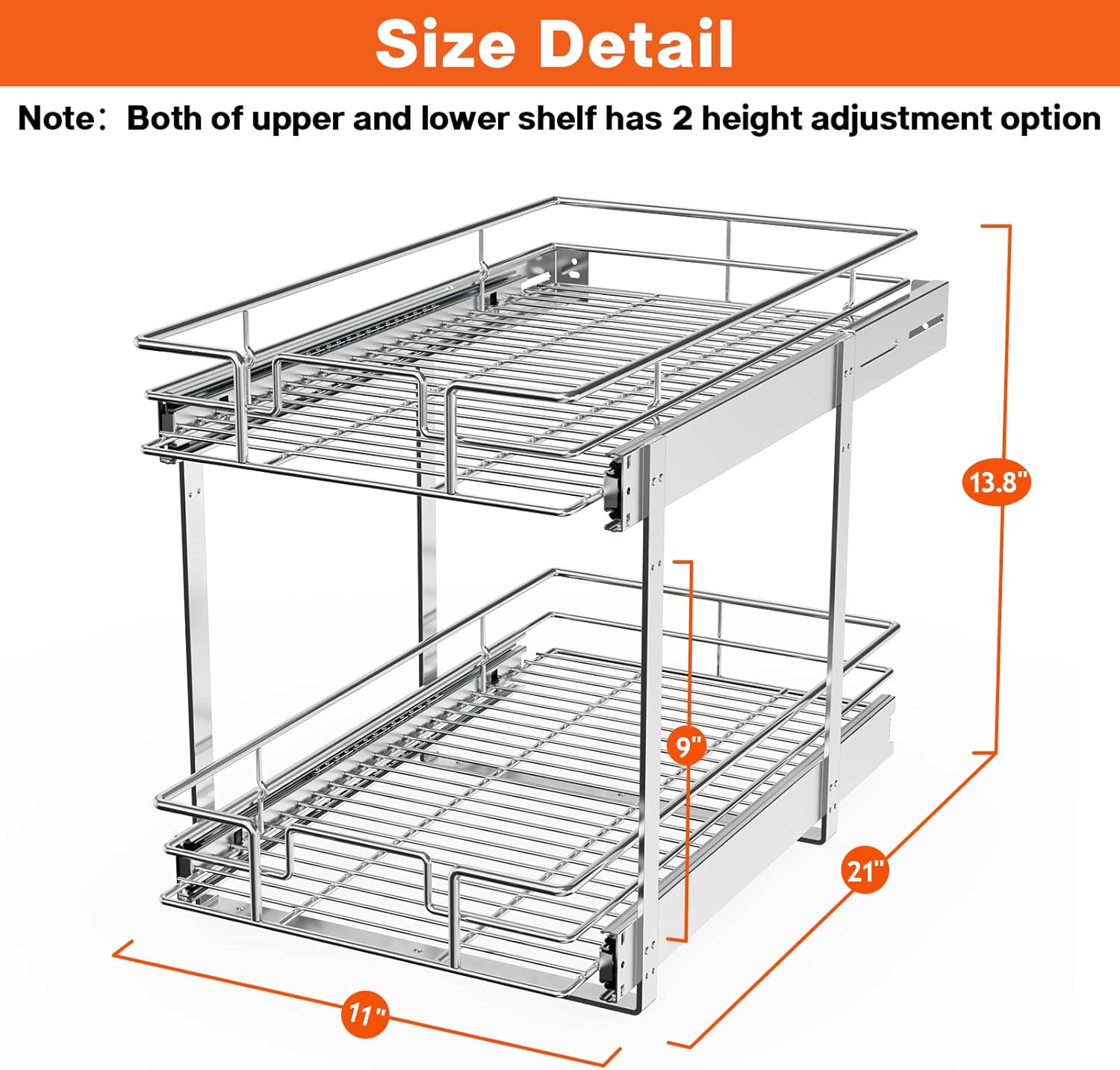 ROOMTEC Individual Pull Out Cabinet Organizer (11" W x 21" D), 2 Tier Spice Rack Organizer for Cabinet, Slide Out Drawer Pantry Shelf Organization and Storage for Kitchen Bathroom