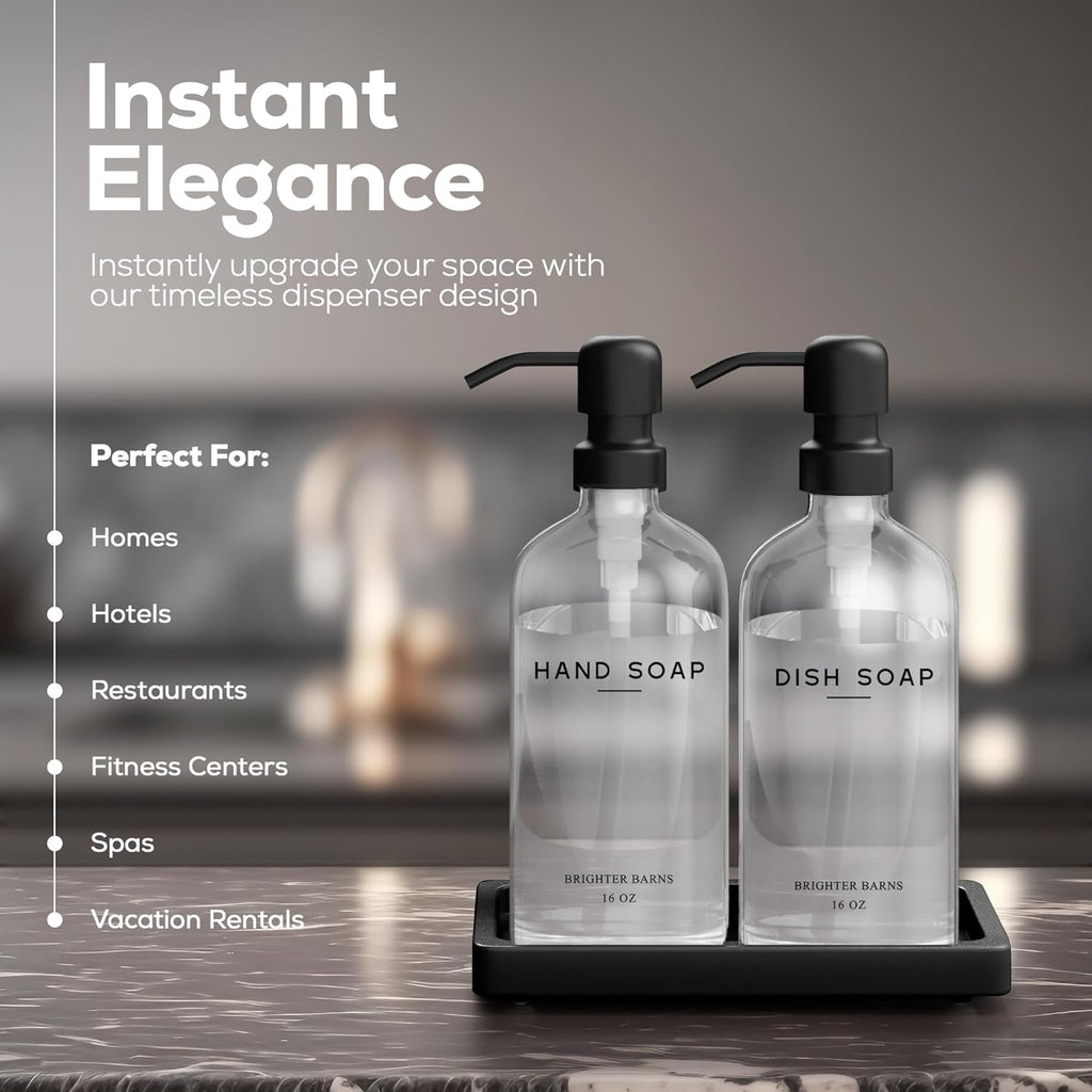 Glass Hand and Dish Soap Dispenser Set by Brighter Barns - Kitchen Soap Dispenser Set with Tray, Stainless Steel Pump - Glass Bottles for Sink - Black Kitchen Accessories for Home, Hotel, Gift (Clear)