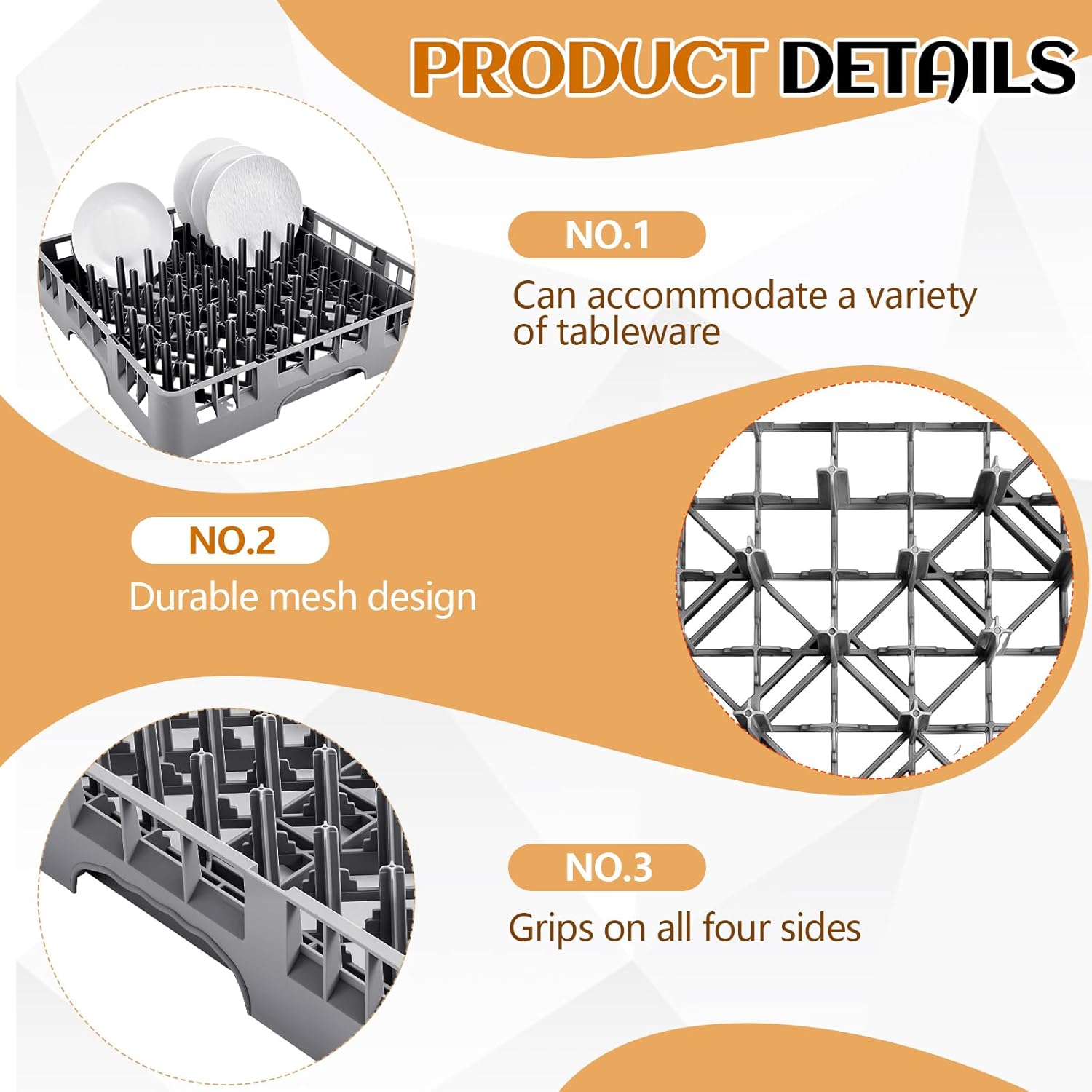 Commercial Dishwasher Tray Rack Polypropylene Full Size Flatware Rack for Bowls Plates Knives Forks Cups(19.7 x 19.7 x 3.97 Inch,Peg Dish,Gray)