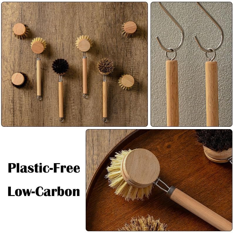 Bamboo Dish Brush with Handle, 1 Sturdy Wooden Handle with 3 Natural Bristle Heads, Horsehair, Sisal, Palm - All Purpose Kitchen Scrubber, Bamboo Wok Brush, Fruit and Veggie Scrubber