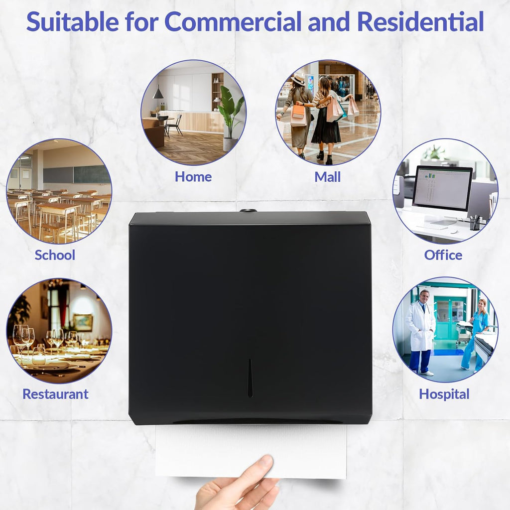Paper Towel Dispenser Wall Mount, Matte Black Stainless Steel Commercial Paper Towel Holder with Lock, Large Capacity 250 C Fold/300 Multifold Towels