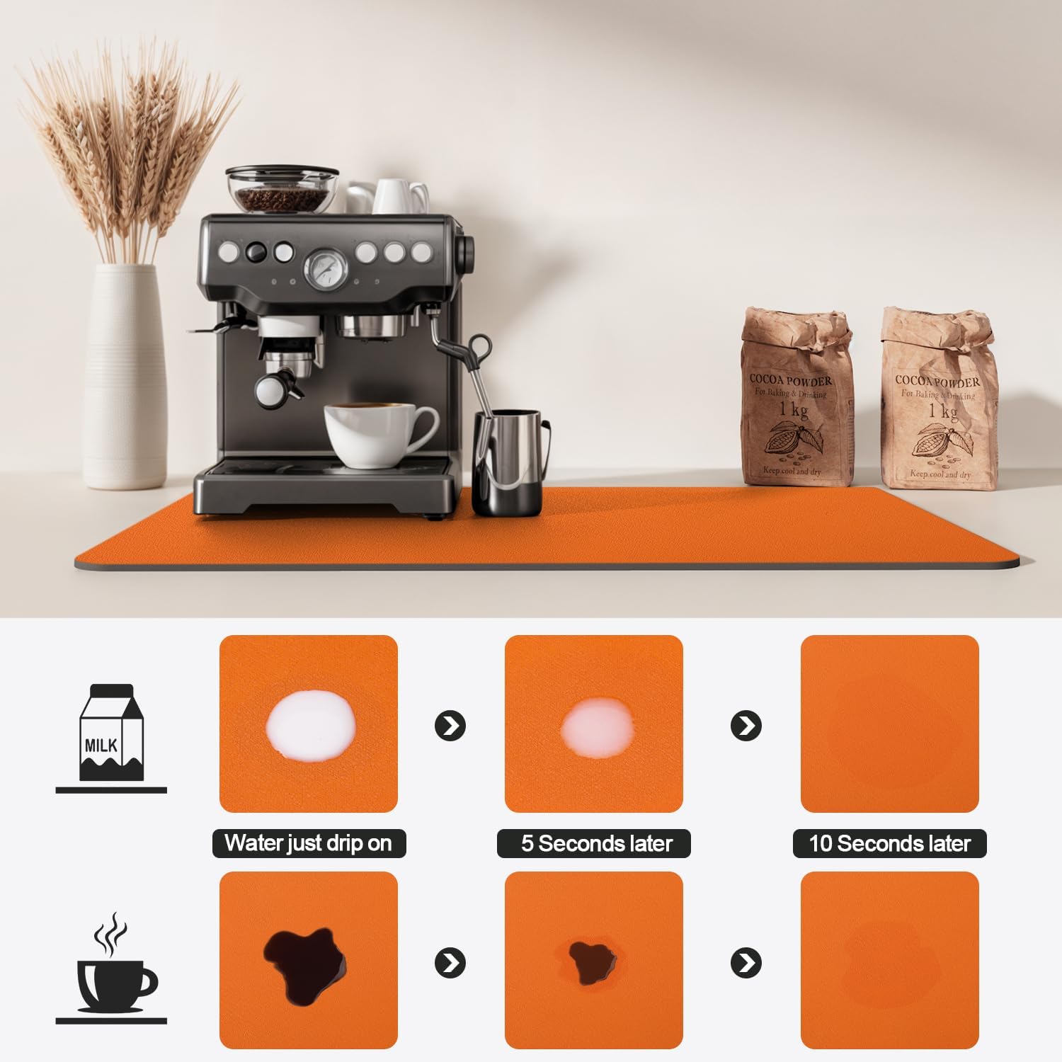 Dish Drying Mat for Kitchen Counter | Coffee Bar Mat for Countertops | Heat Resistant Drainer Mat with Non-slip Rubber Backed | Hide Stain Kitchen Absorbent Draining Mat | Orange 16"x24"