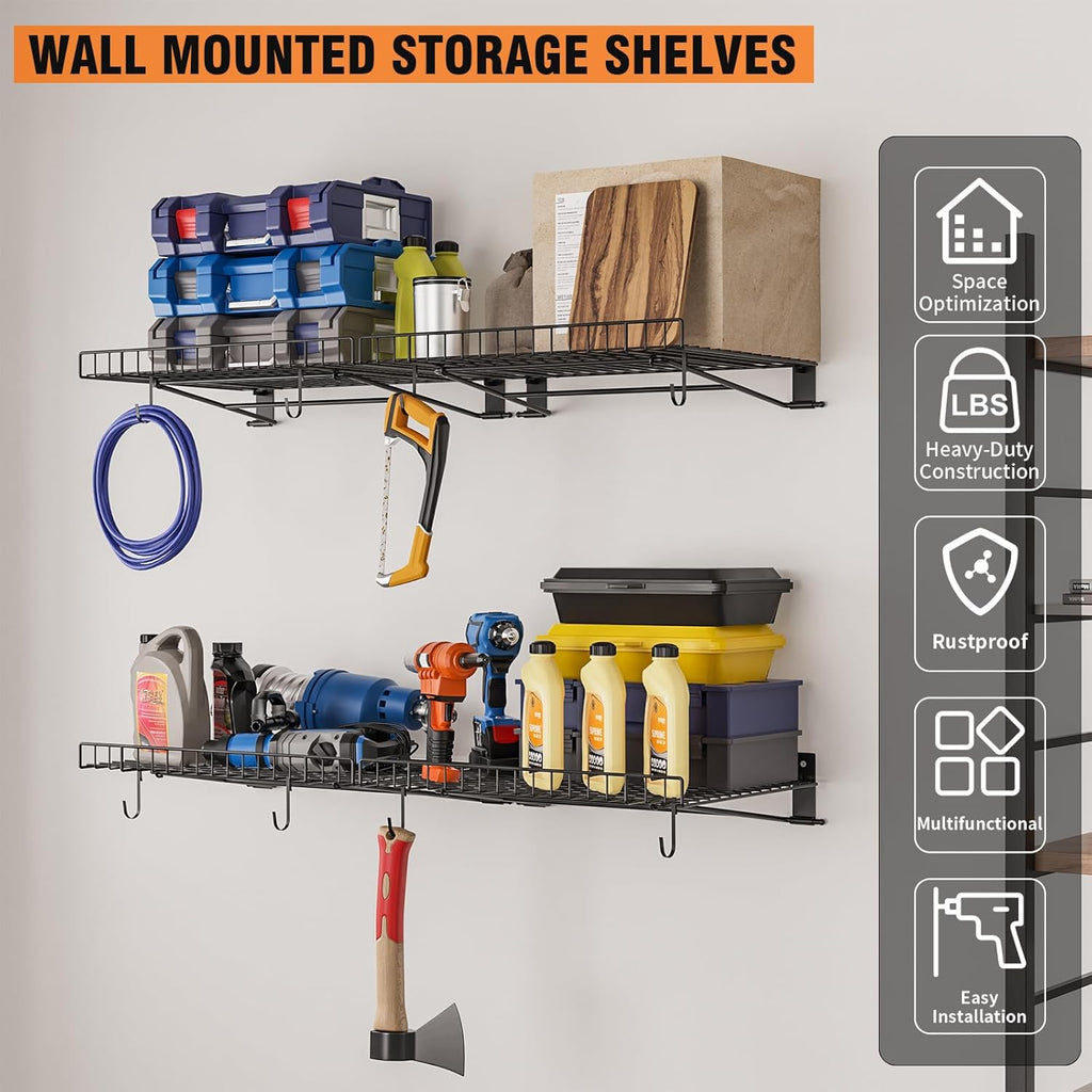 6 Pack Foldable Wall Shelf, Wall Mounted Garage Storage Shelves, Heavy Duty Wall Shelving Supports Up To 270 LBS. Floating Shelves With 12 Hooks Metal Storage Rack for Office, Kitchen and Laundry Room