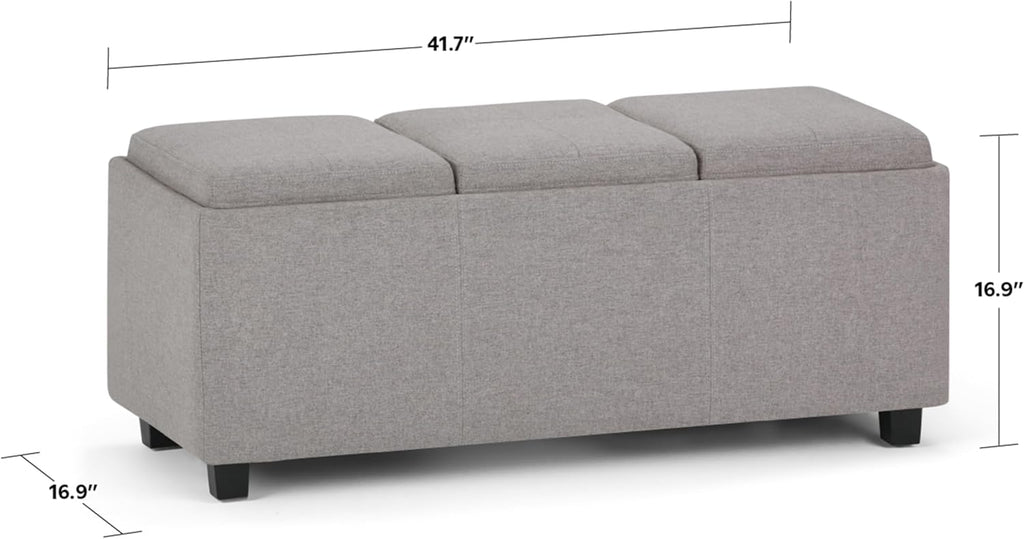 SIMPLIHOME Avalon 42 inch Wide Contemporary Rectangle Storage Ottoman in Cloud Grey Linen Look Fabric, Assembled, for the Living Room, Entryway and Family Room