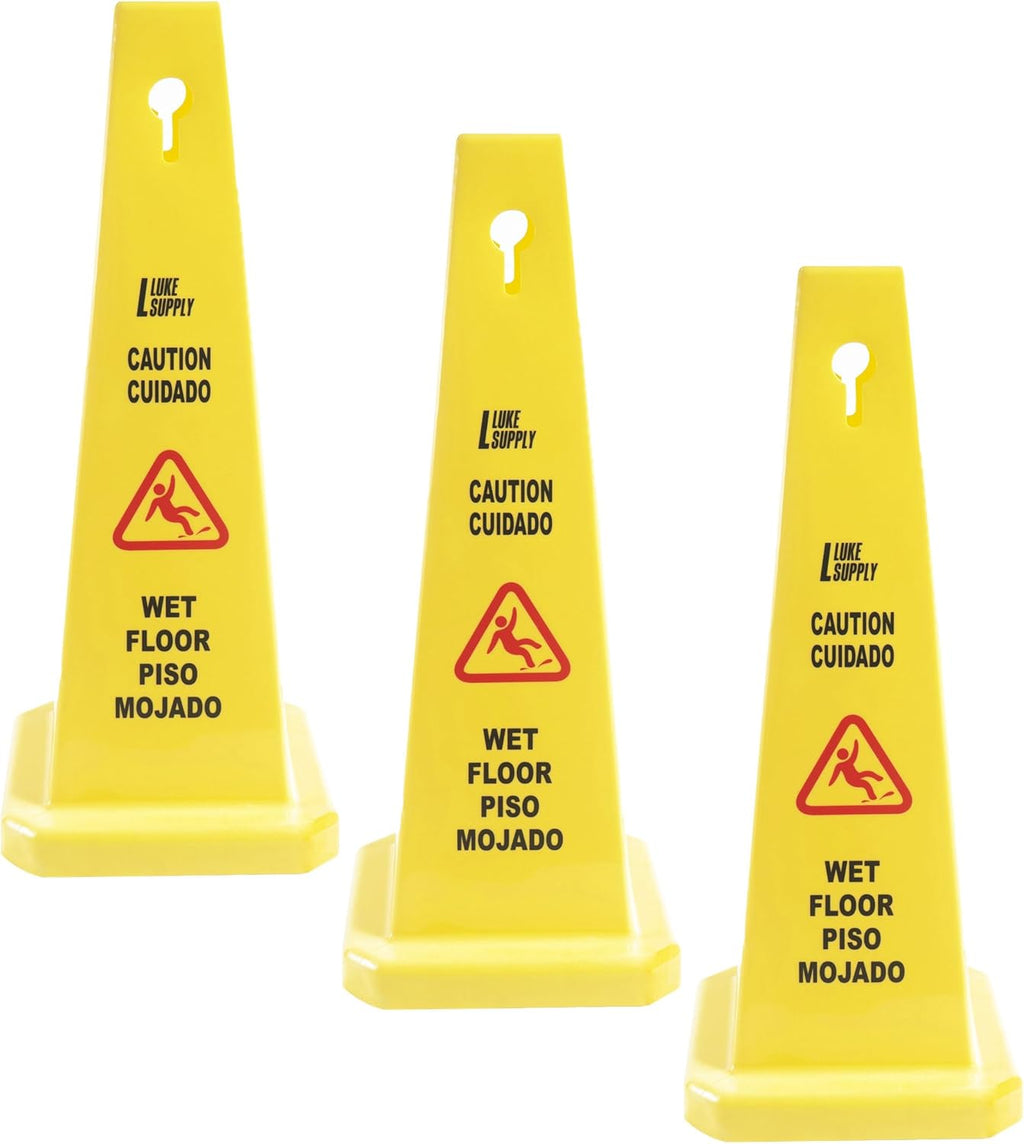 MATTHEW CLEANING 3 Packs 36” Caution Wet Floor Safety Cones for Indoors and Outdoors,Bright Yellow Caution Wet Floor Sign,4-Sided Bilingual Signs,Avoid Fall & Slip Accident