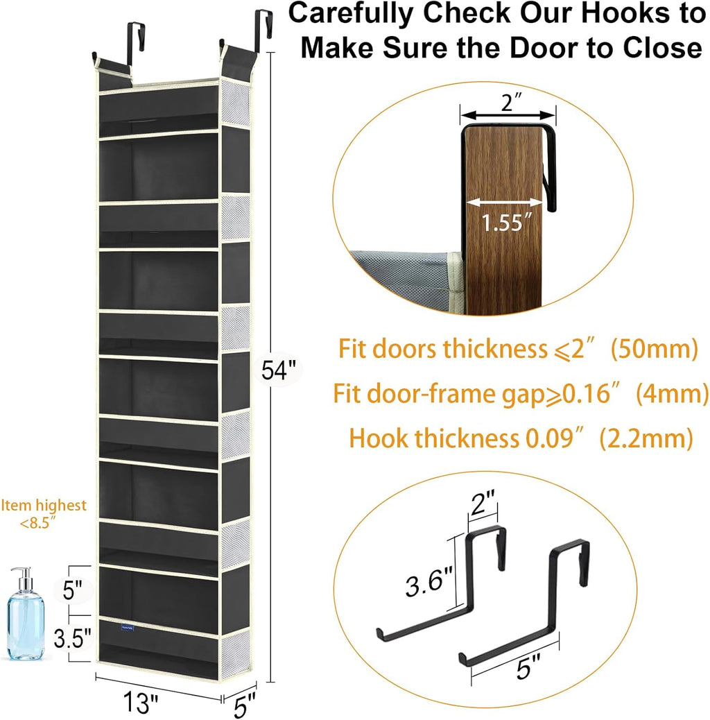 Over The Door Hanging Organizer 6-Shelves and 12 Side Pockets, Over The Door Storage Organizer, Back of Door Organizers for Baby Accessories and Children's Toys (13"x5"x54", Black)