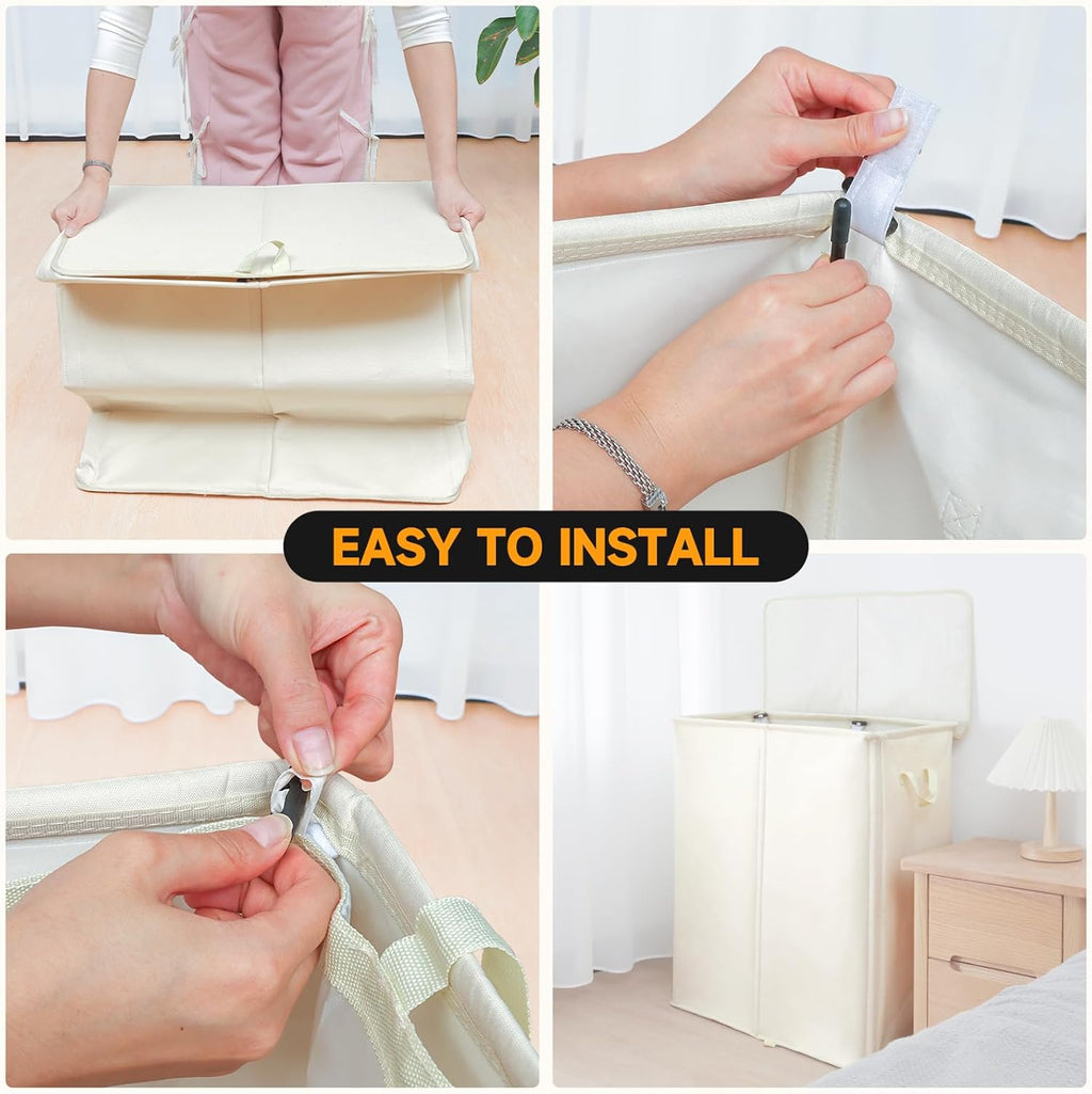 182L Oversized Laundry Hamper 2 Section with Lid and Removable Bags,Double Laundry Basket 30in Dirty Clothes Hamper 2 Dividers for Bedroom,Laundry Room,Bathroom,Dorm Beige White