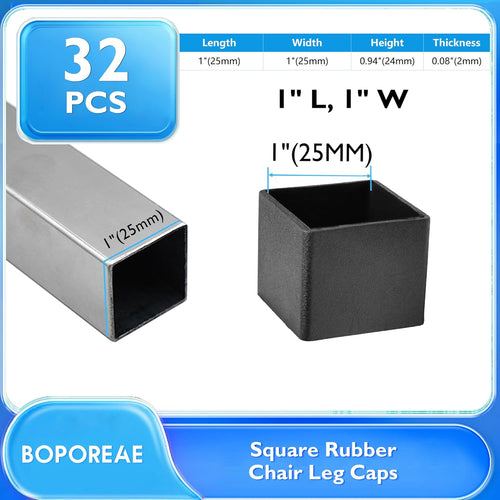 32 Pcs 1" x 1" Square Rubber Chair Leg Caps, PVC Table Leg Covers, Flexible & Anti-Slip Furniture Leg End Caps, Chair Leg Floor Protectors for Bar Stool Leg Patio Indoor, Black