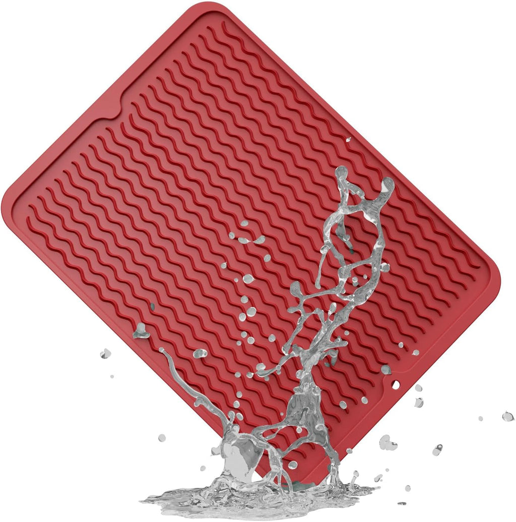 ZLR Silicone Dish Drying Mat for Kitchen Counter, Eco-Friendly Fast Dry Dish Mat, Easy Clean Multi Usage Drying Matt, Heat Resistant Trivet, 12" x 16" Large, Lave Red